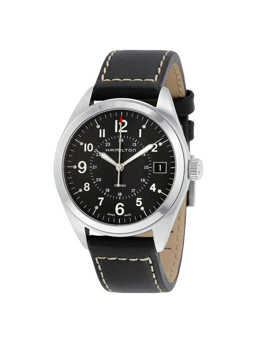 Часы Hamilton Khaki Field с черным циферблатом и черным кожаным ремешком, модель H68551733