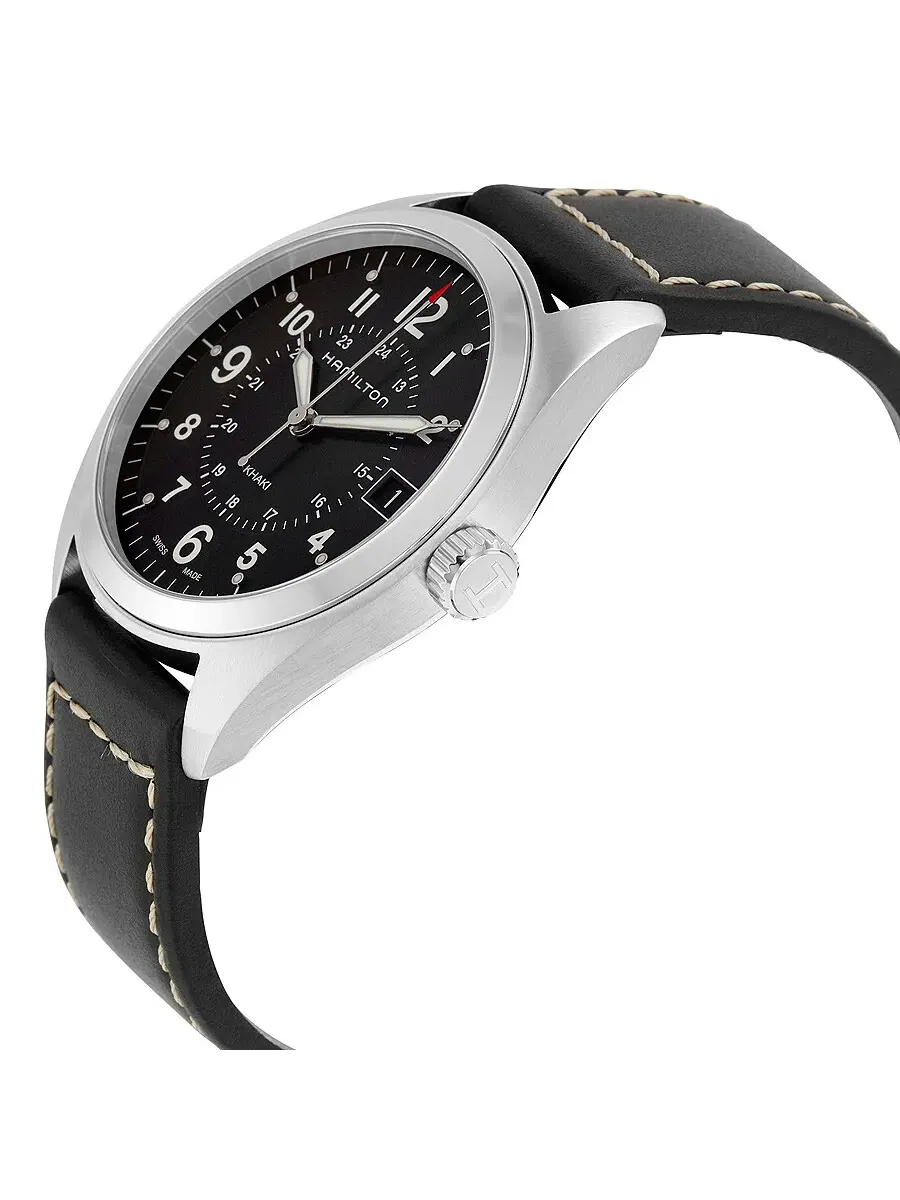 Часы Hamilton Khaki Field с черным циферблатом и черным кожаным ремешком, модель H68551733 — изображение 2 из 3