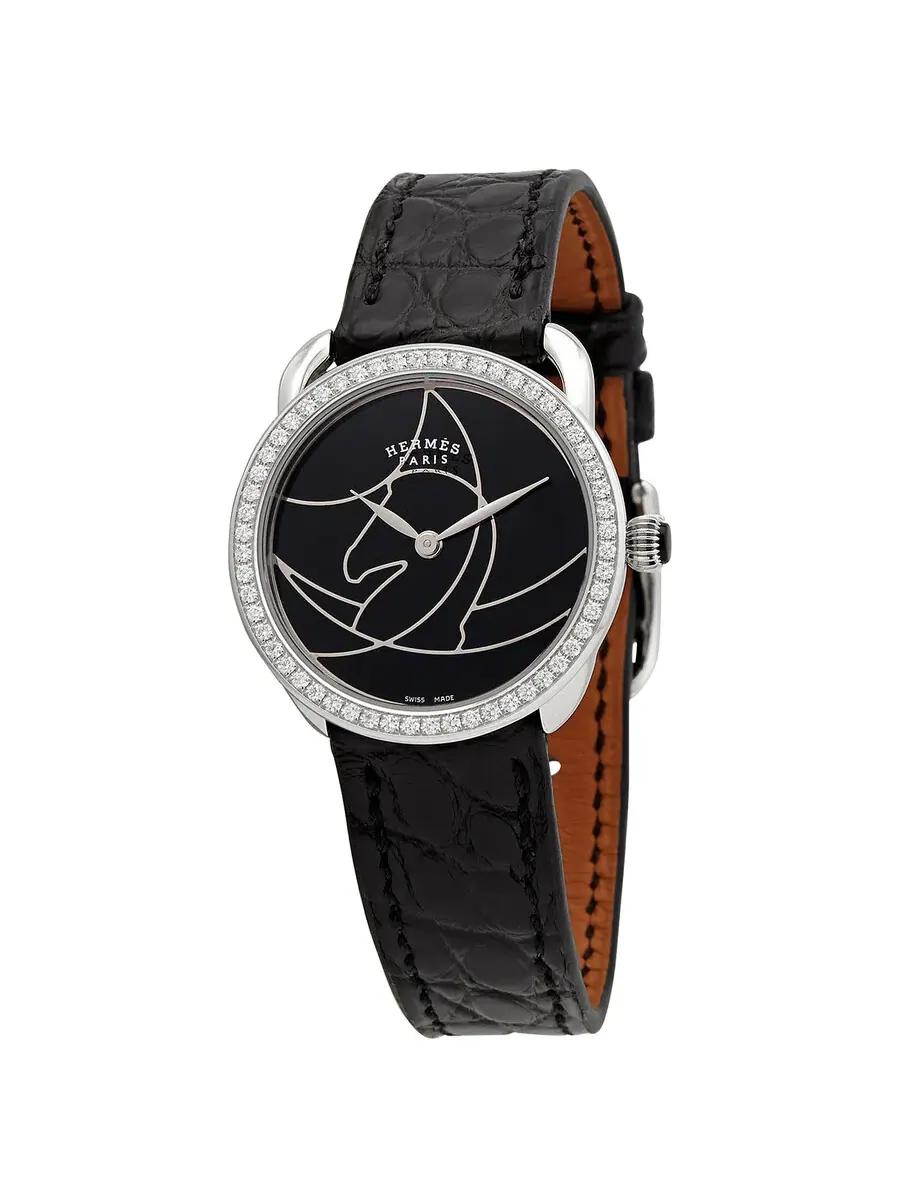 Женские часы Hermes Arceau Cavales Quartz с черным циферблатом 045726WW00 — серебристый