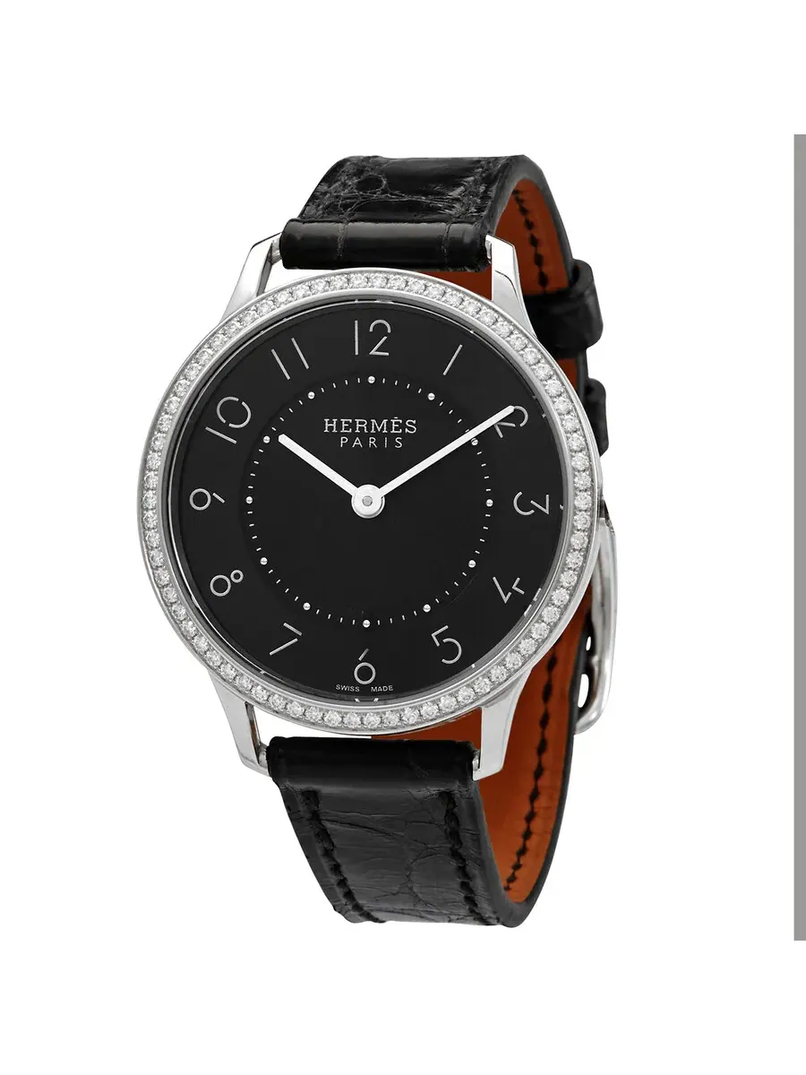 Женские часы Hermes Slim D Quartz с черным циферблатом и бриллиантами 044834WW00