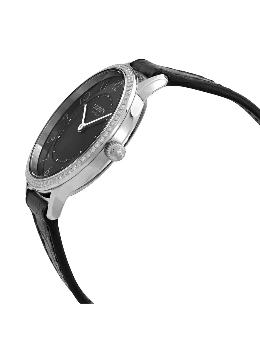 Женские часы Hermes Slim D Quartz с черным циферблатом и бриллиантами 044834WW00 — изображение 2 из 3, оттенок серебряный