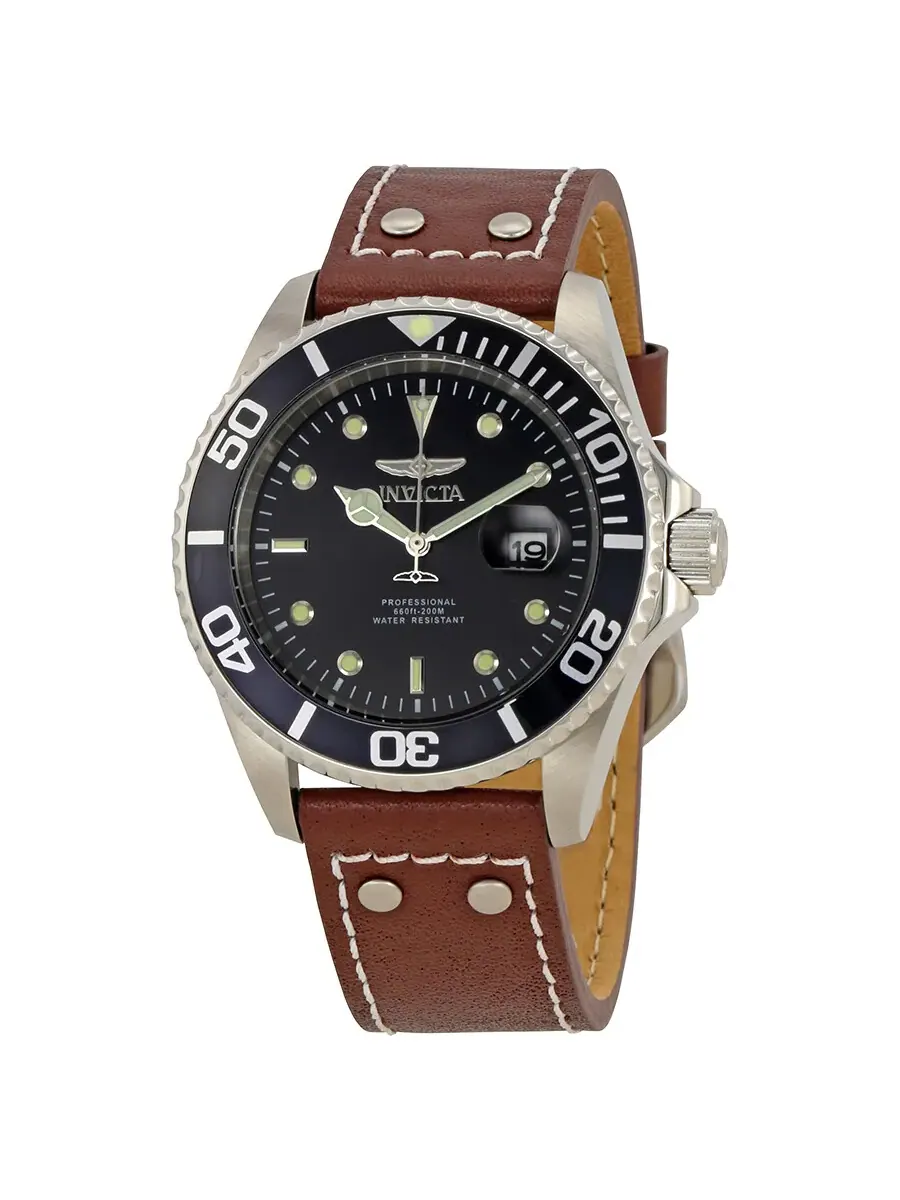 Мужские часы Invicta Pro Diver с черным циферблатом и коричневым кожаным ремешком 22069