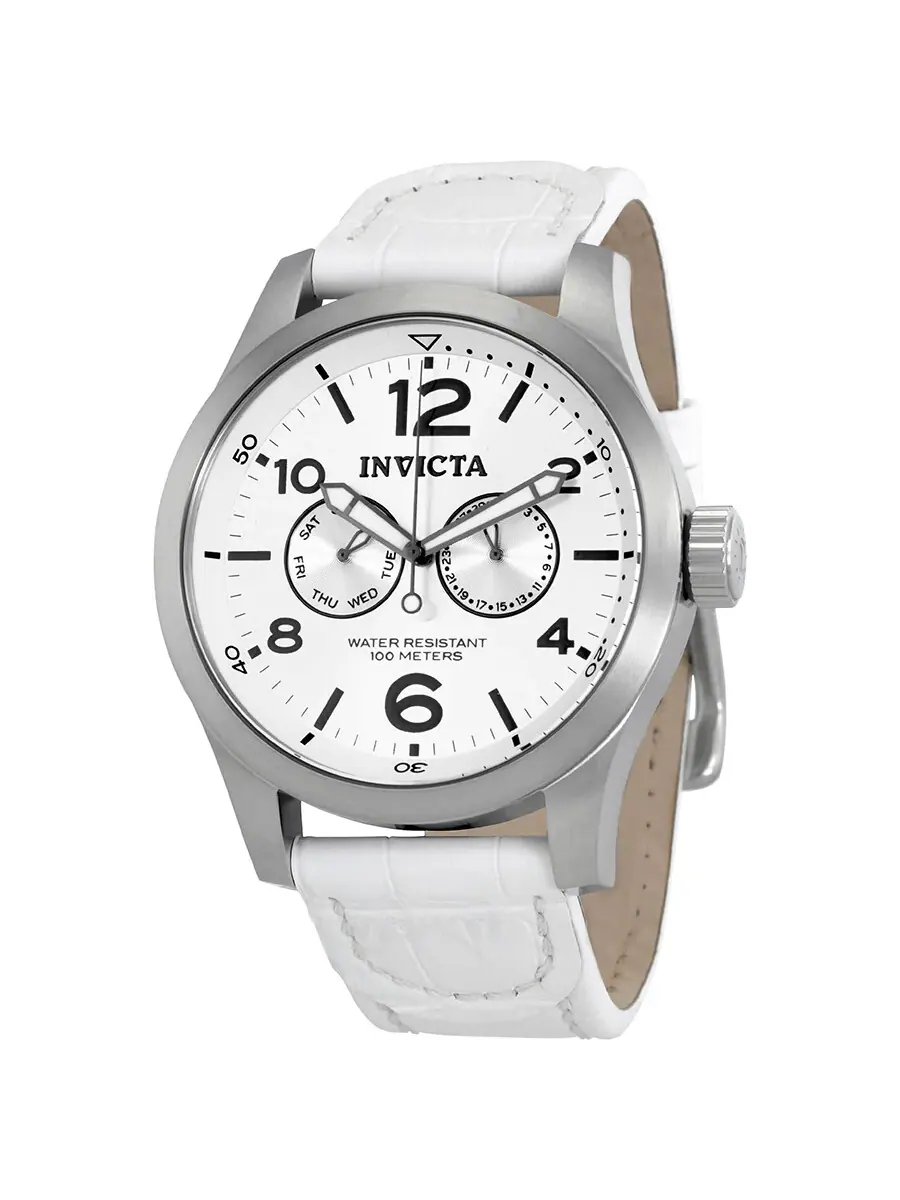 Мужские часы Invicta Specialty с серебристым циферблатом и белым кожаным ремешком 12170