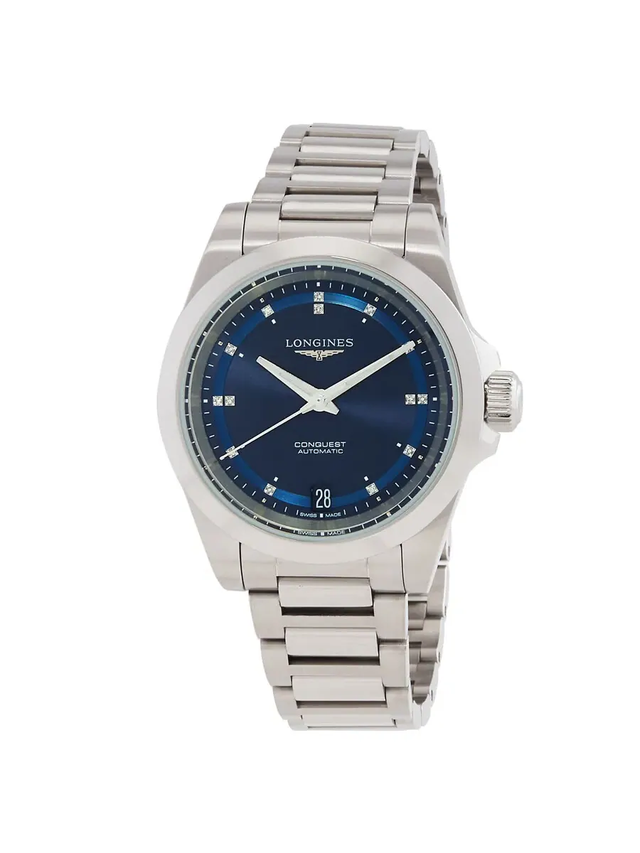 Часы Longines Conquest Automatic с синим циферблатом и бриллиантами, унисекс L3.430.4.97.6 — серебристый