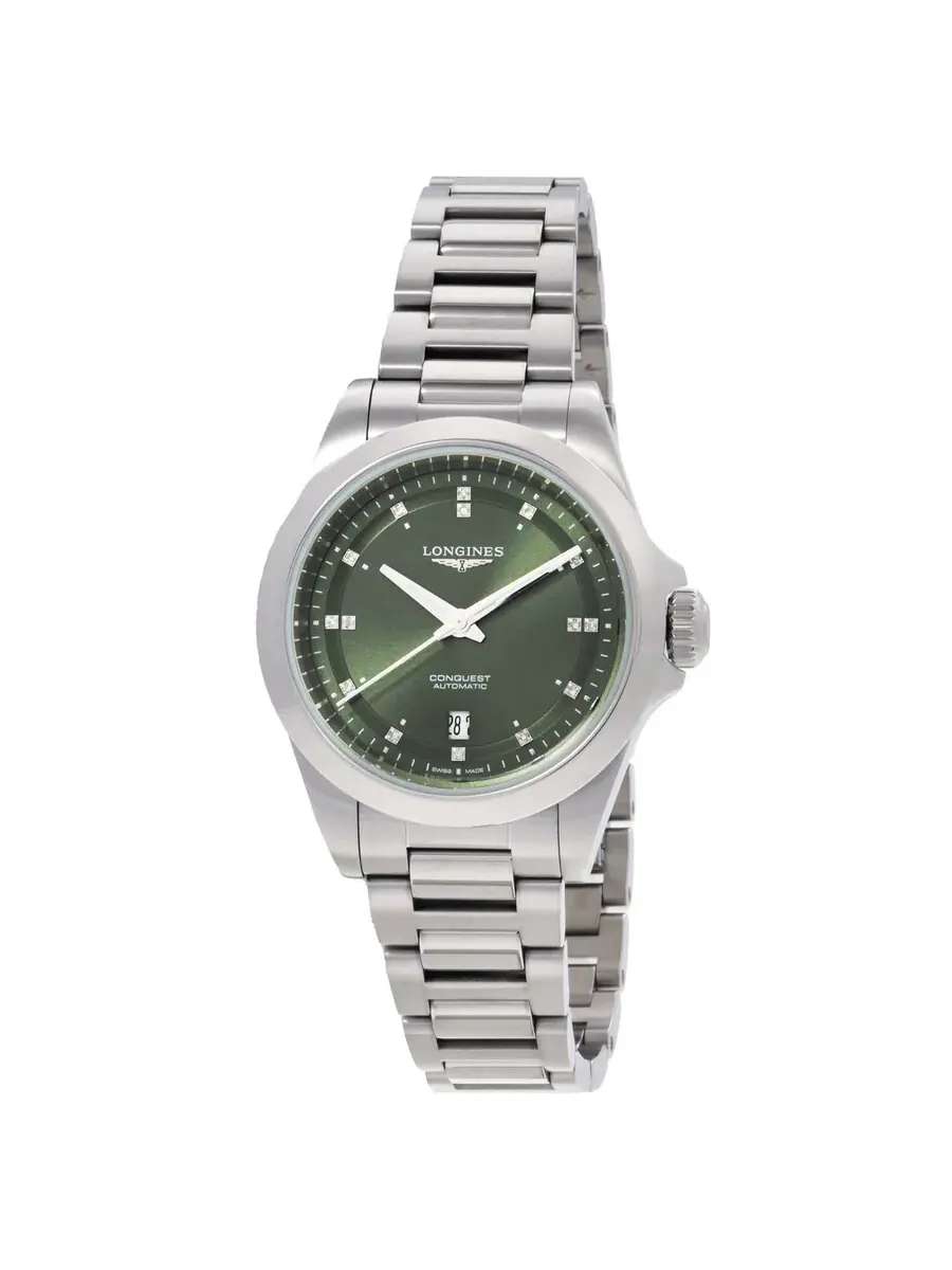 Женские часы Longines Conquest Automatic с зеленым циферблатом и бриллиантами L3.320.4.07.6 — серебристый