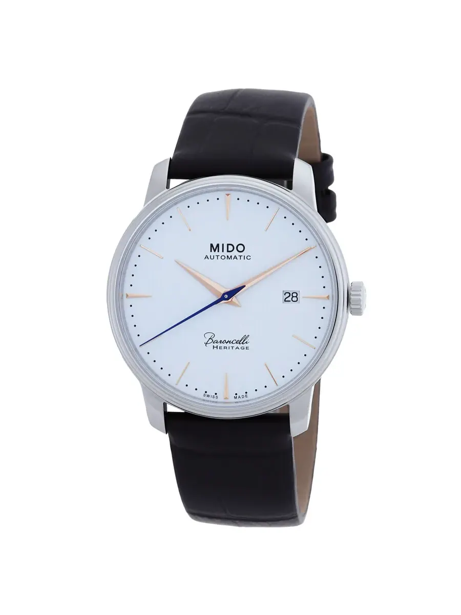 Мужские автоматические часы Mido Baroncelli Heritage с белым циферблатом, артикул M0274071601100 — серебристый
