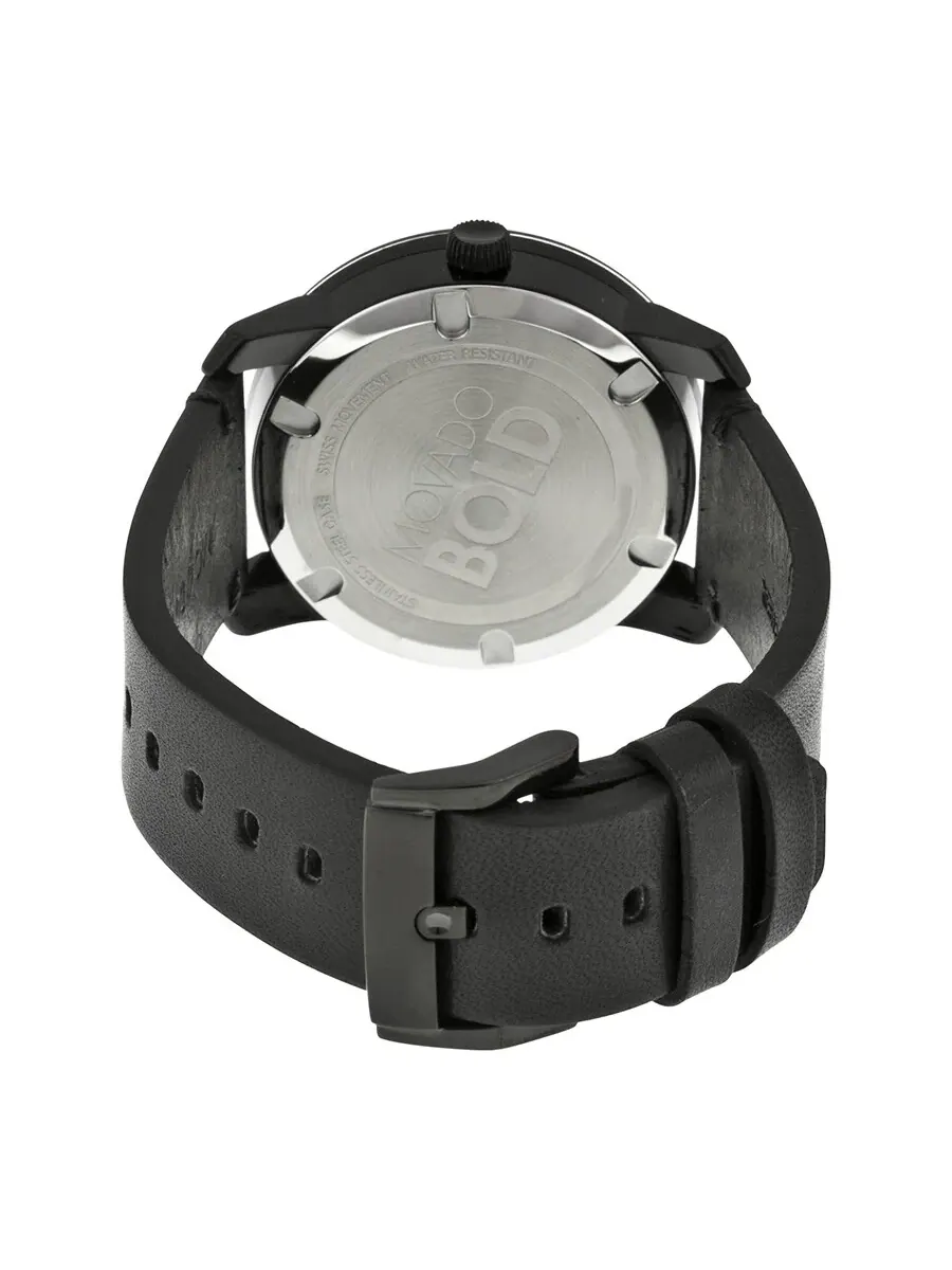 Мужские часы Movado Bold с кварцевым механизмом, черным циферблатом и черным кожаным ремешком 3600307 — изображение 3 из 4