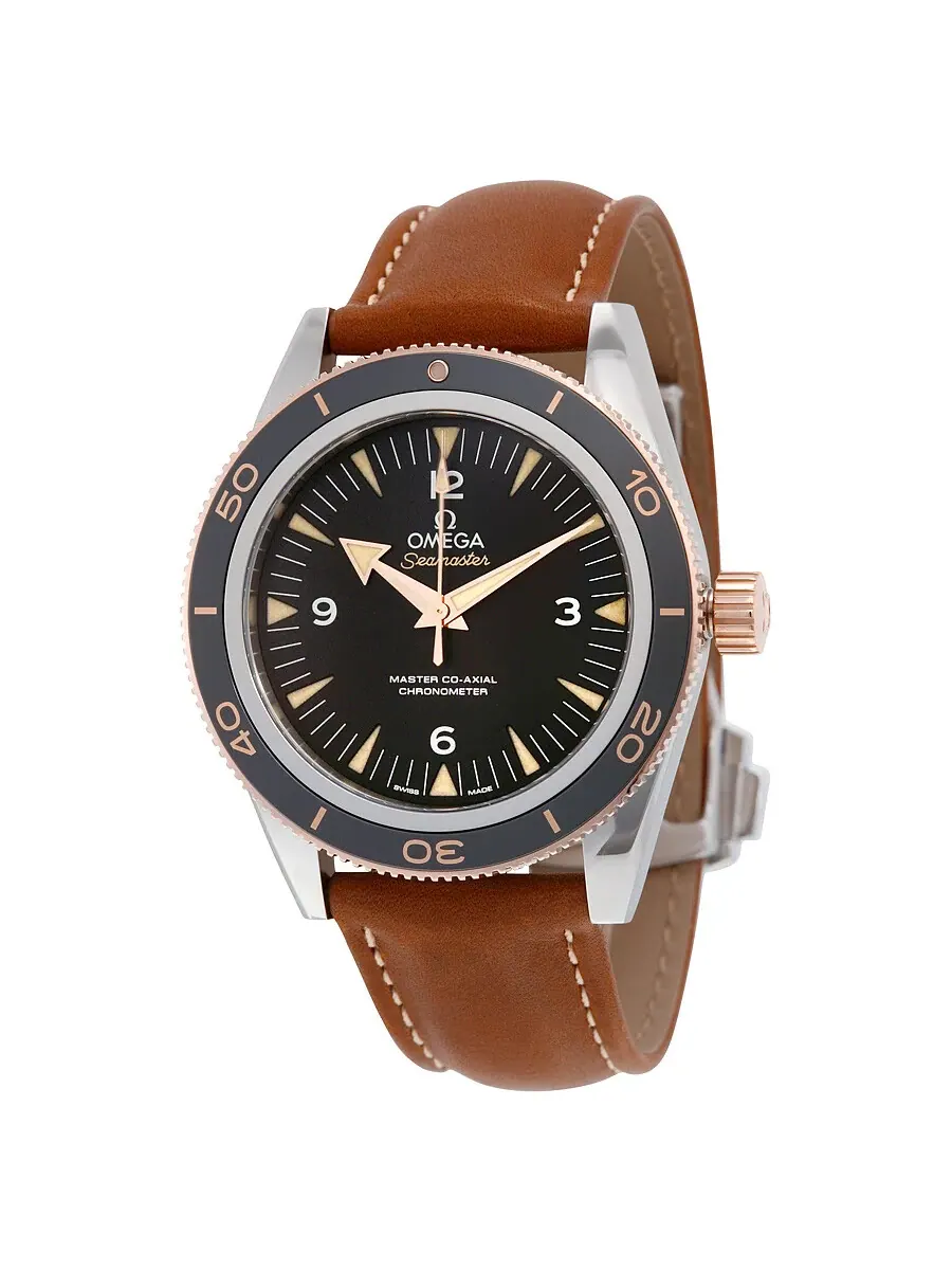 Мужские часы Omega Seamaster 300 с черным циферблатом и коричневым кожаным ремешком 233.22.41.21.01.002