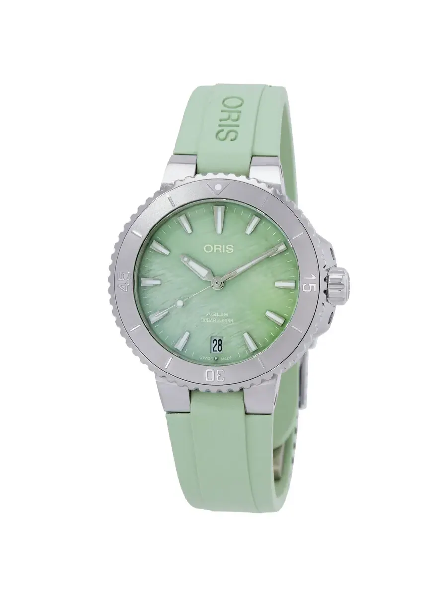 Женские часы Oris Aquis Automatic с зеленым циферблатом 01 733 7770 4157-07 4 18 67FC — серебристый
