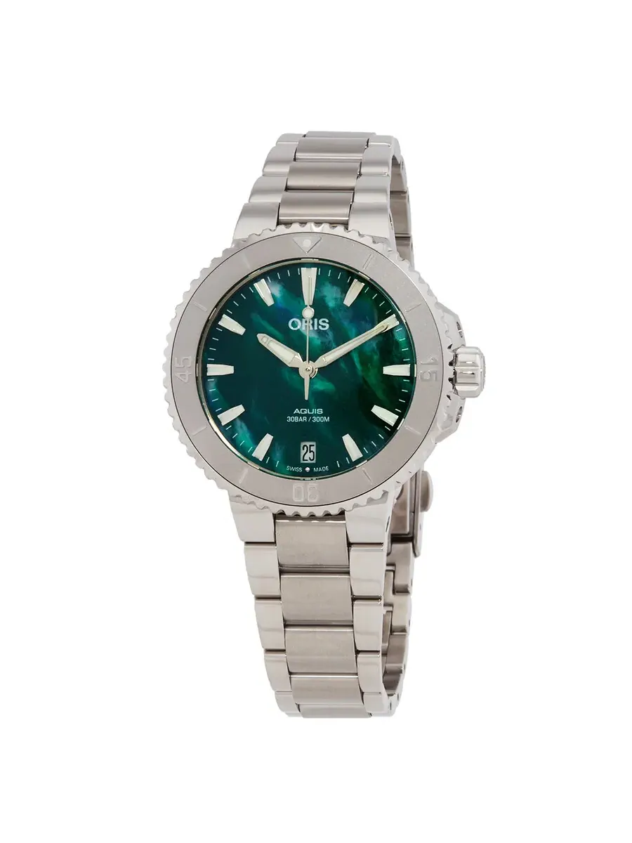 Женские часы Oris Aquis Date Automatic с зеленым циферблатом 01 733 7770 4137-07 8 18 05P — серебристый