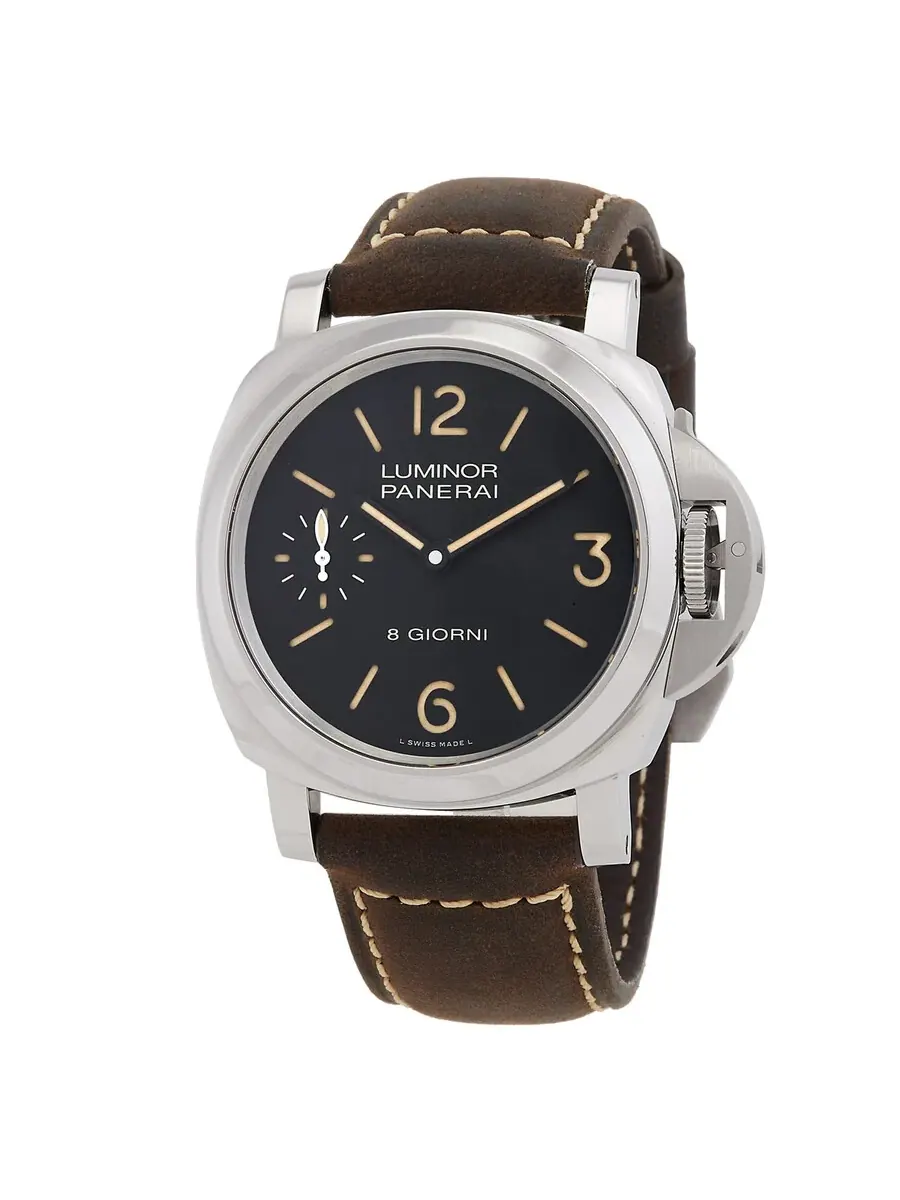 Мужские часы Panerai Luminor Base с ручным заводом и черным циферблатом PAM00915BR — серебристый