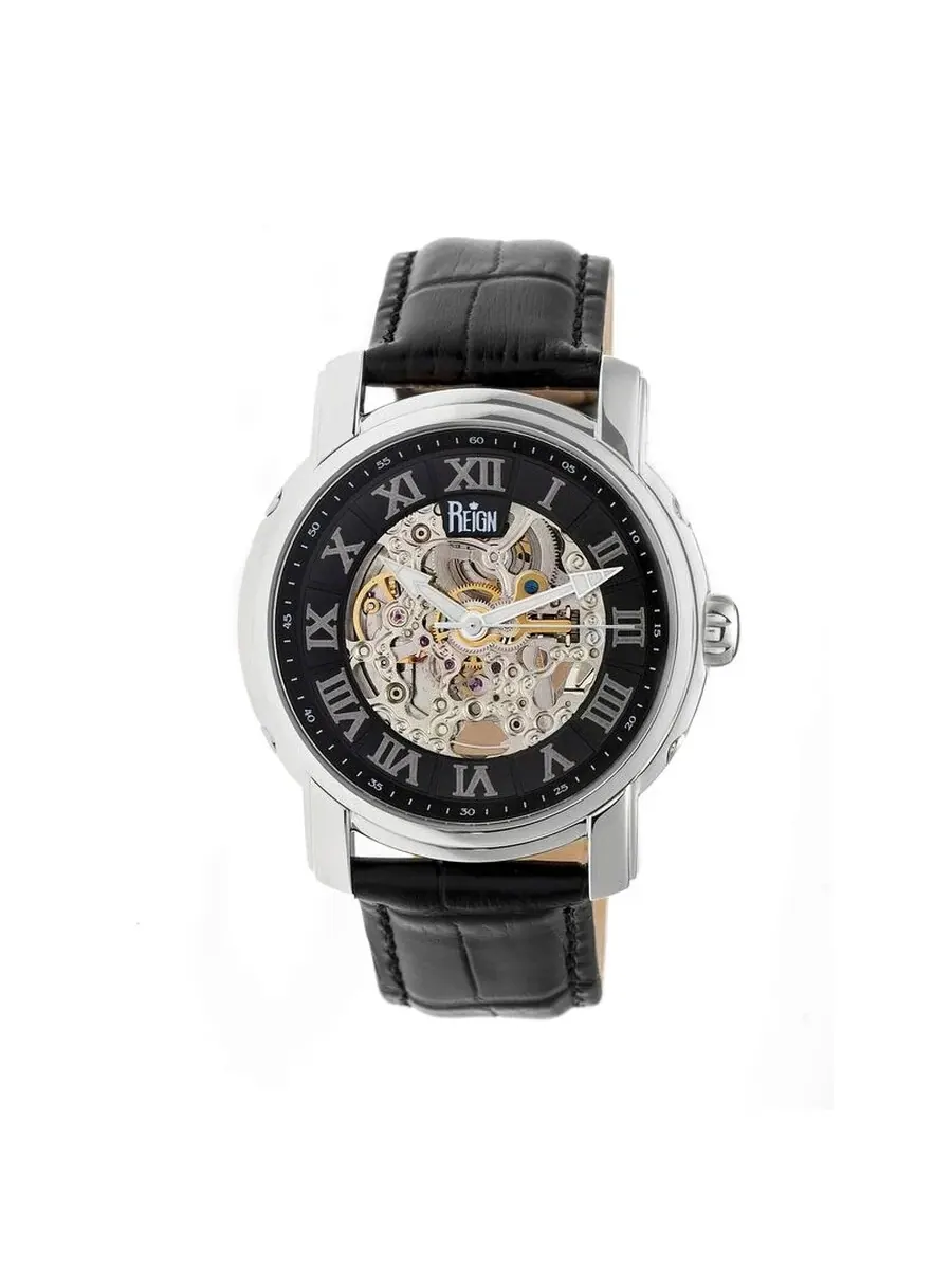 Мужские часы Reign Kahn Black Skeleton с римскими цифрами и черным кожаным ремешком RN4304 — серебристый
