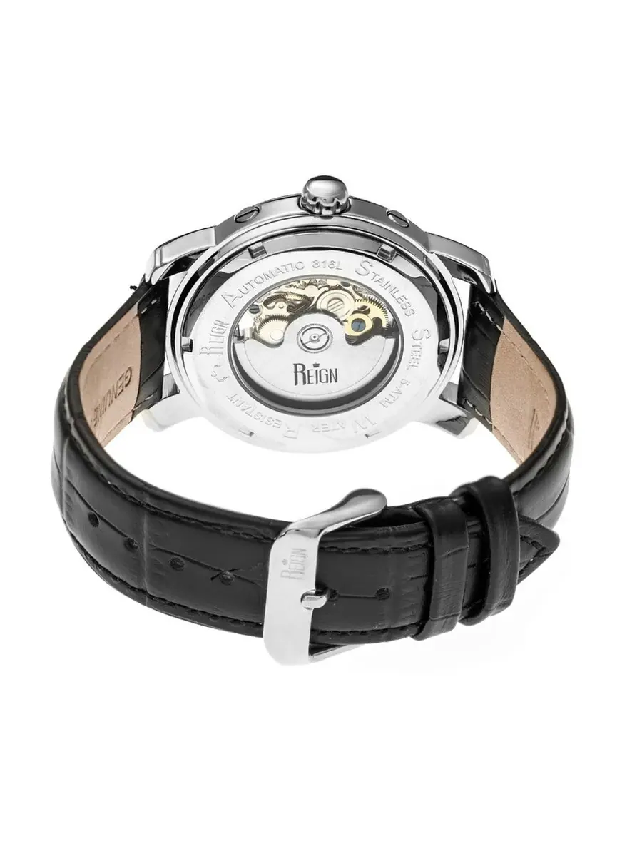 Мужские часы Reign Kahn Black Skeleton с римскими цифрами и черным кожаным ремешком RN4304 — изображение 2 из 3