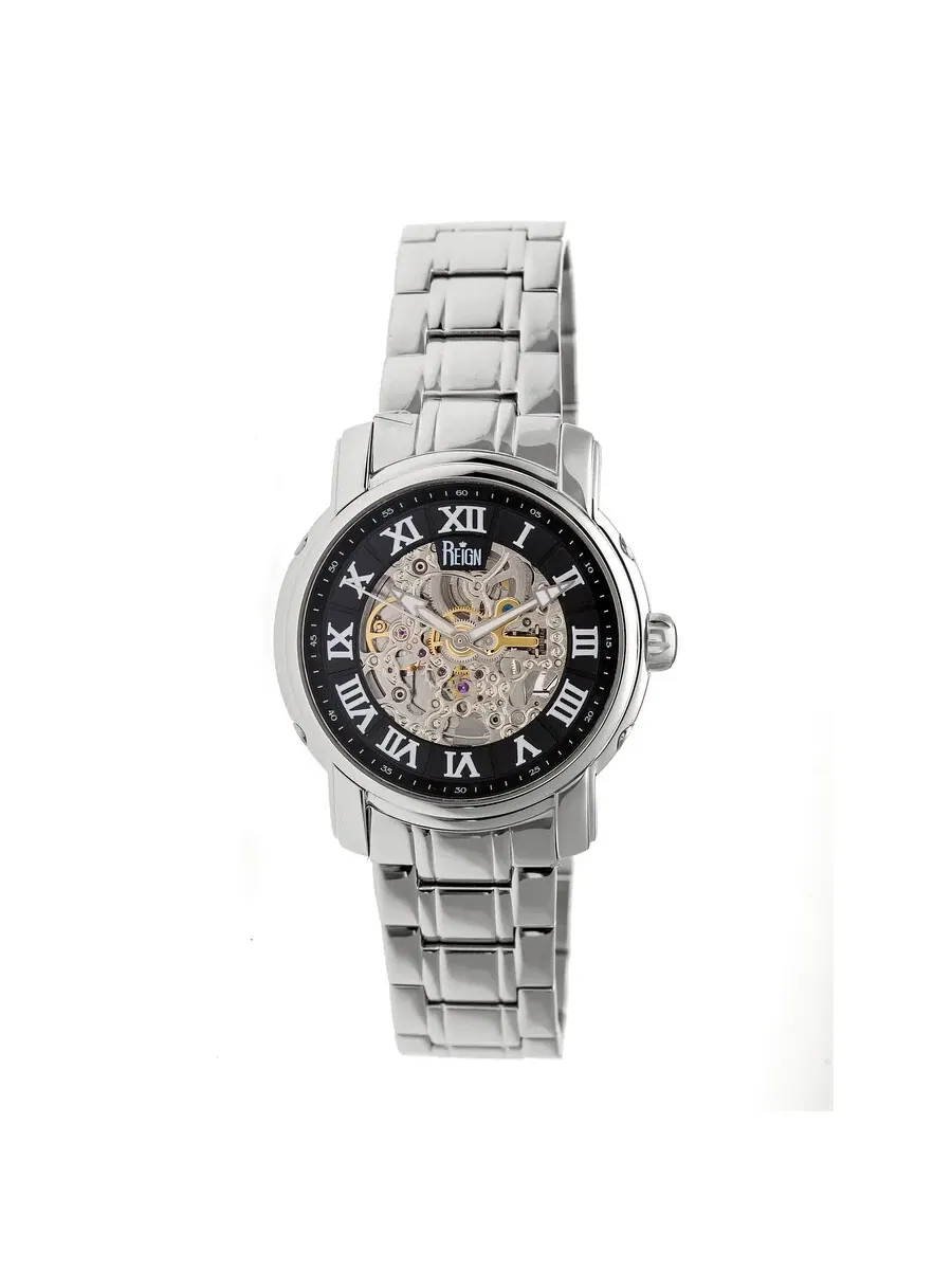 Мужские часы Reign Kahn Black Skeleton с римскими цифрами серебристого цвета, браслет RN4302 — серебристый