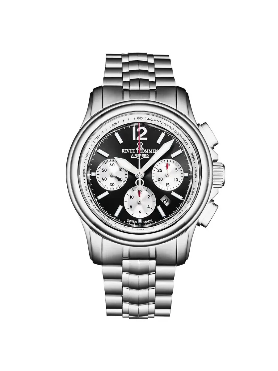 Мужские часы Revue Thommen Air Speed Chronograph Automatic с черным циферблатом, модель 16041.6437 — серебристый