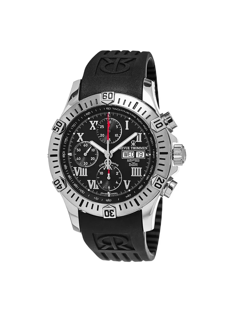 Мужские часы Revue Thommen Air Speed Chronograph Automatic с черным циферблатом, модель 16071.6837 — серебристый