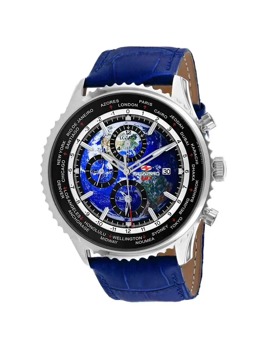 Мужские часы Seapro Meridian World Timer GMT с синим циферблатом SP7132 — серебристый