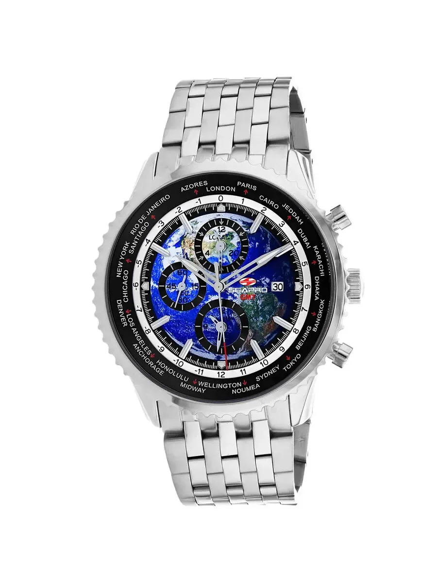 Мужские часы Seapro Meridian World Timer GMT с синим циферблатом SP7320 — серебристый