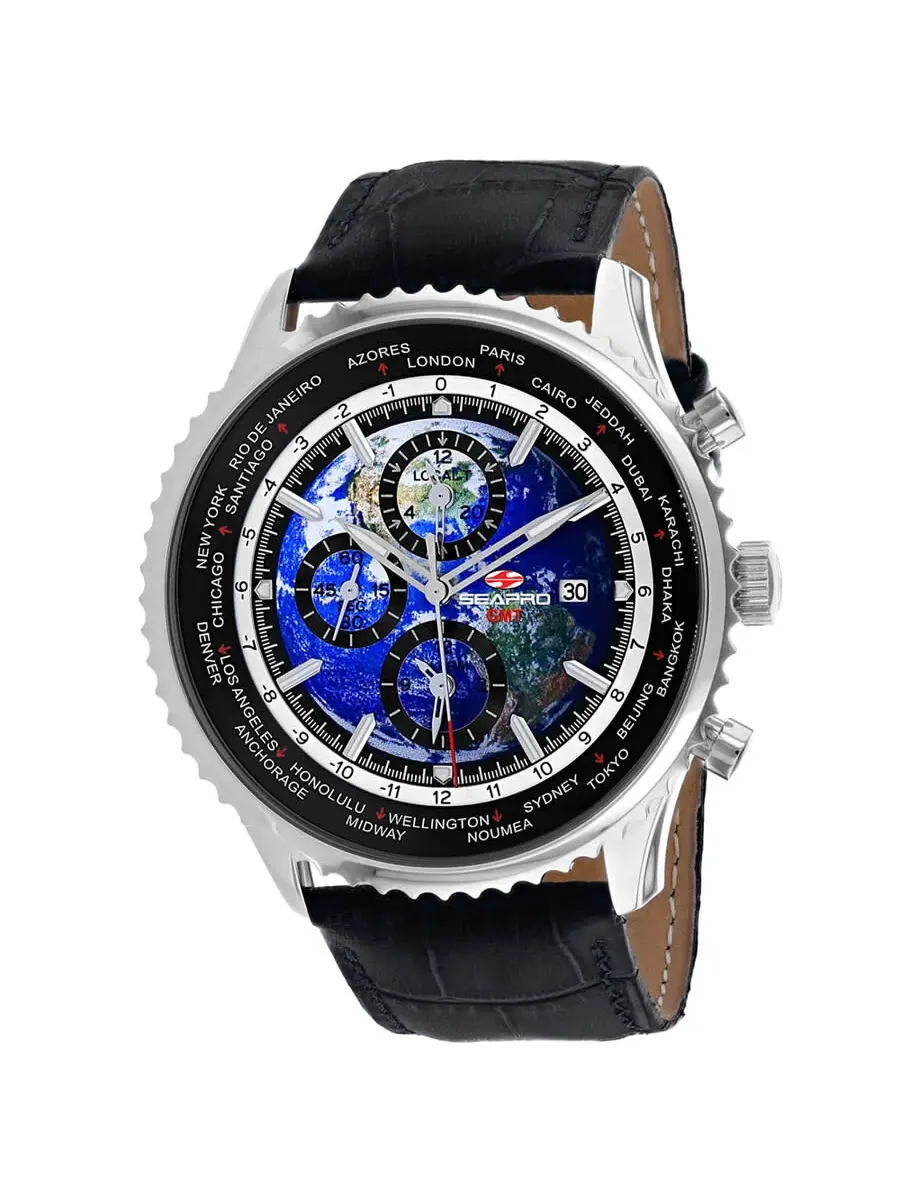 Мужские часы Seapro Meridian World Timer GMT с кварцевым механизмом, синим циферблатом SP7130