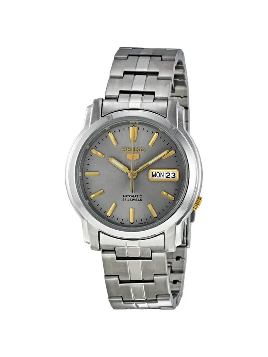 Мужские часы Seiko 5 Automatic с серым циферблатом и корпусом из нержавеющей стали, модель SNKK67 — серебристый