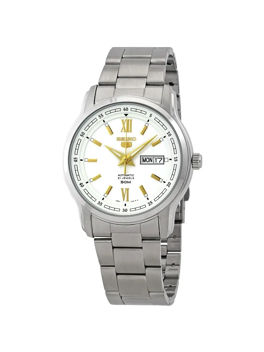 Мужские часы Seiko 5 с автоматическим механизмом, белым циферблатом и корпусом из нержавеющей стали SNKP15K1S — серебристый