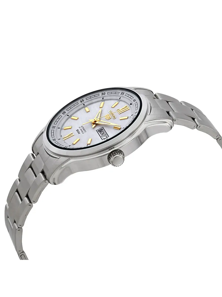 Мужские часы Seiko 5 с автоматическим механизмом, белым циферблатом и корпусом из нержавеющей стали SNKP15K1S