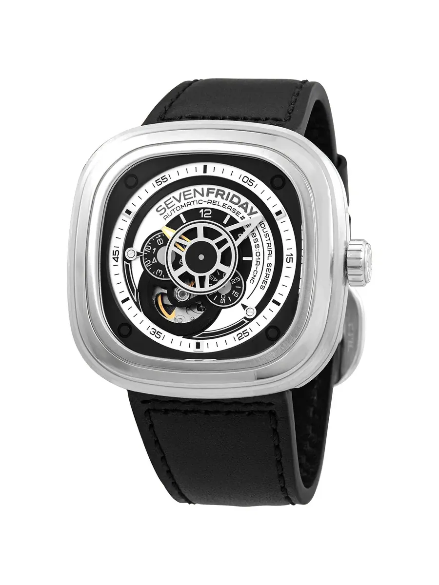 Мужские автоматические часы Sevenfriday с черным кожаным ремешком P1B/01 — серебристый