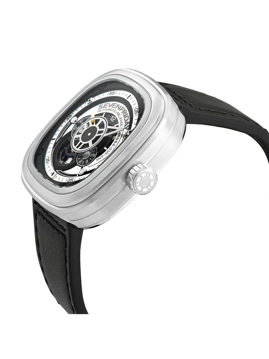 Мужские автоматические часы Sevenfriday с черным кожаным ремешком P1B/01 — изображение 2 из 3, оттенок серебряный