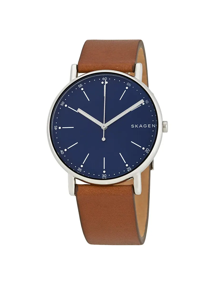 Мужские часы Skagen Signature с синим циферблатом и коричневым кожаным ремешком SKW6355