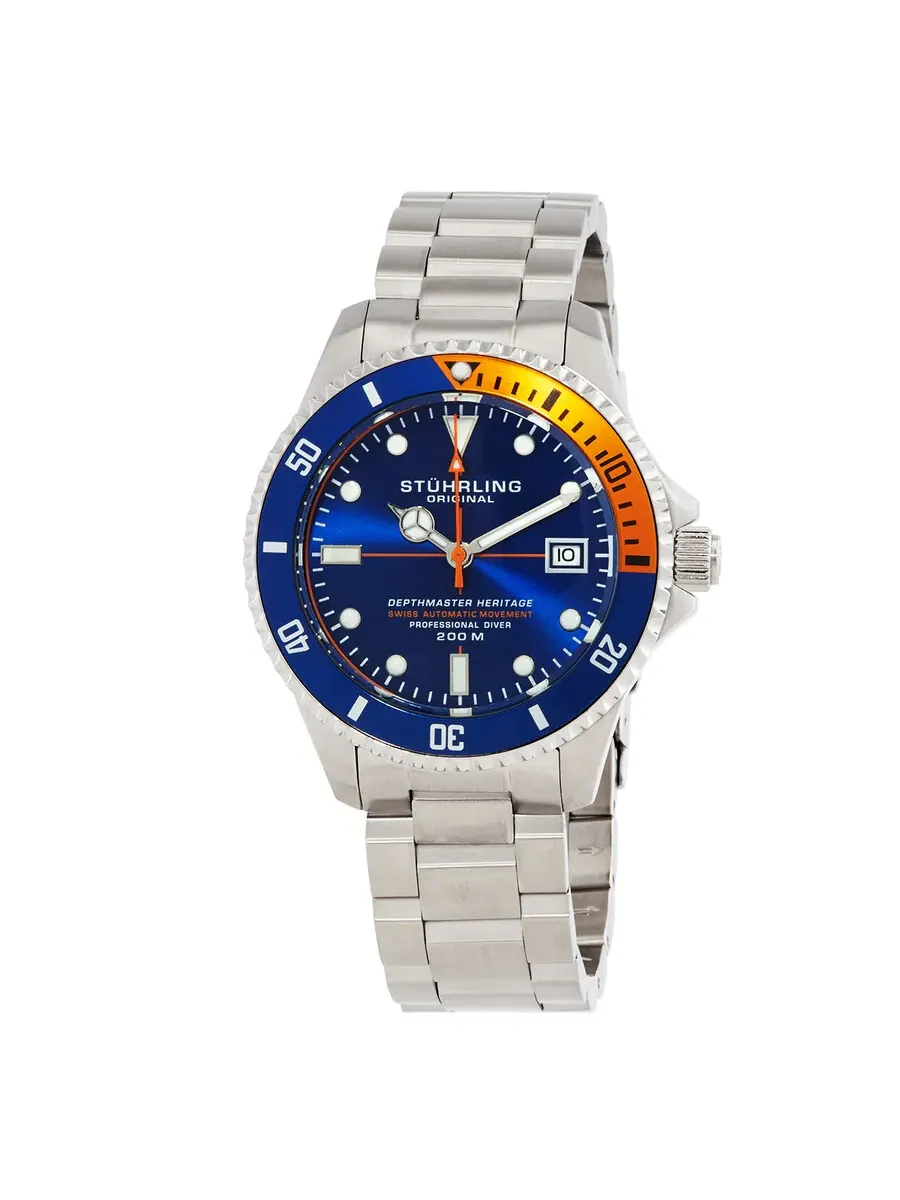 Мужские часы Stuhrling Original Aquadiver Automatic с синим циферблатом M13517 — серебристый