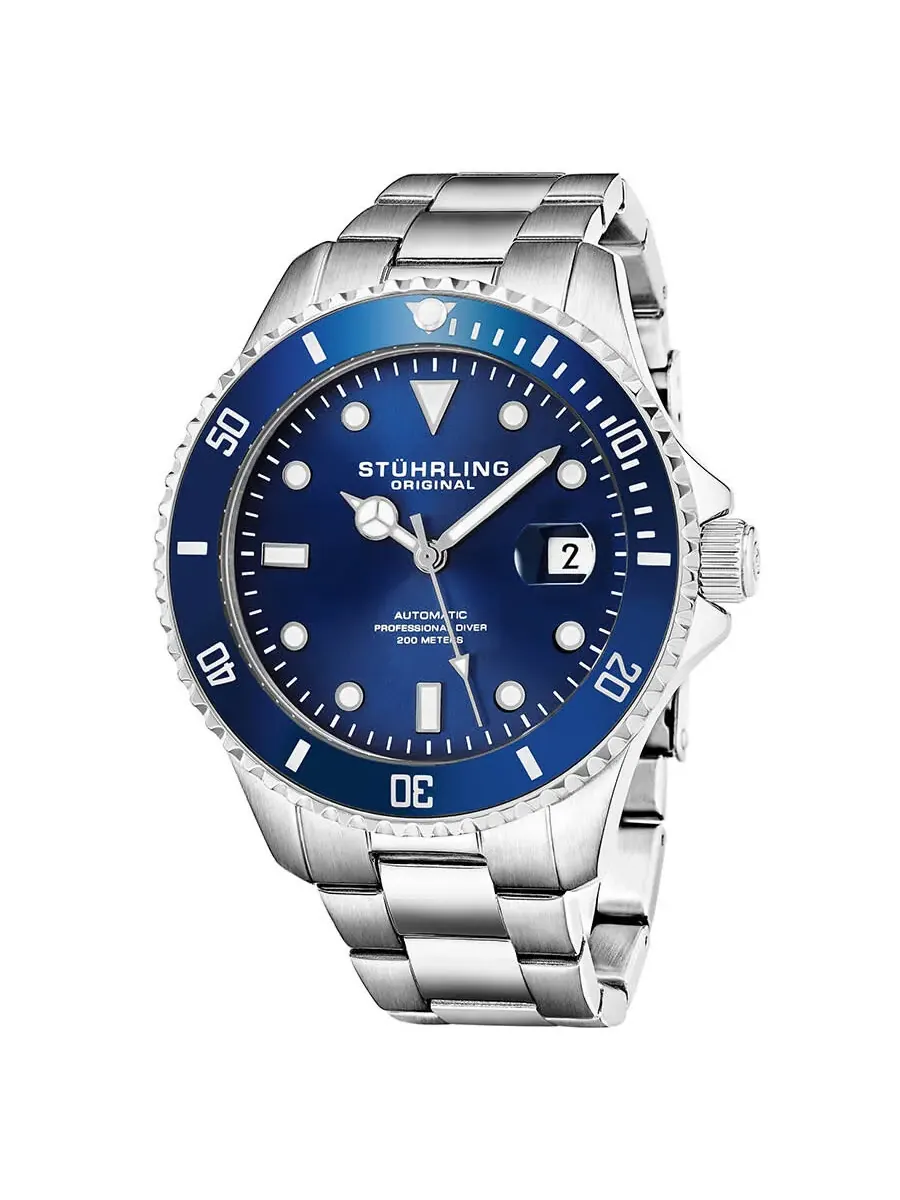 Мужские часы Stuhrling Original Aquadiver Automatic с синим циферблатом M13544 — серебристый