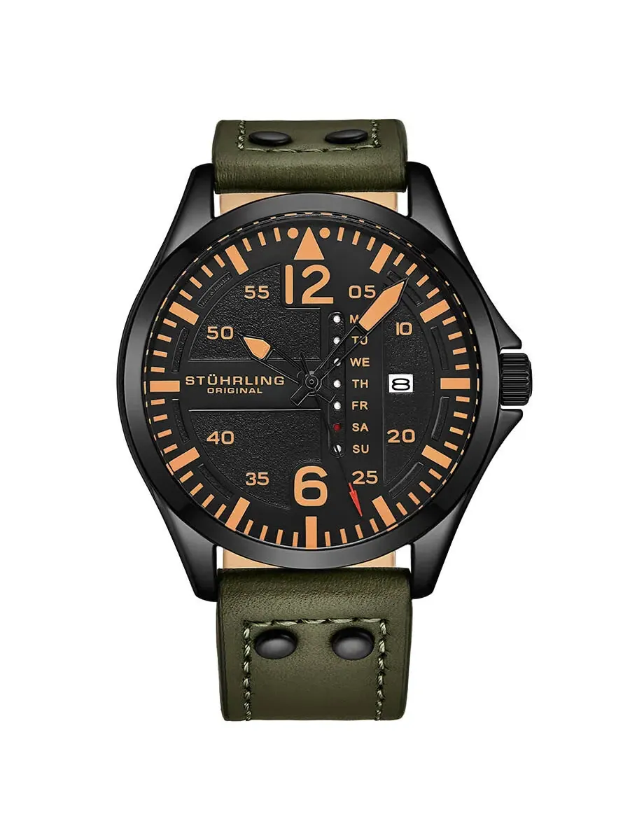 Мужские часы Stuhrling Original Aviator с кварцевым механизмом и черным циферблатом M13666