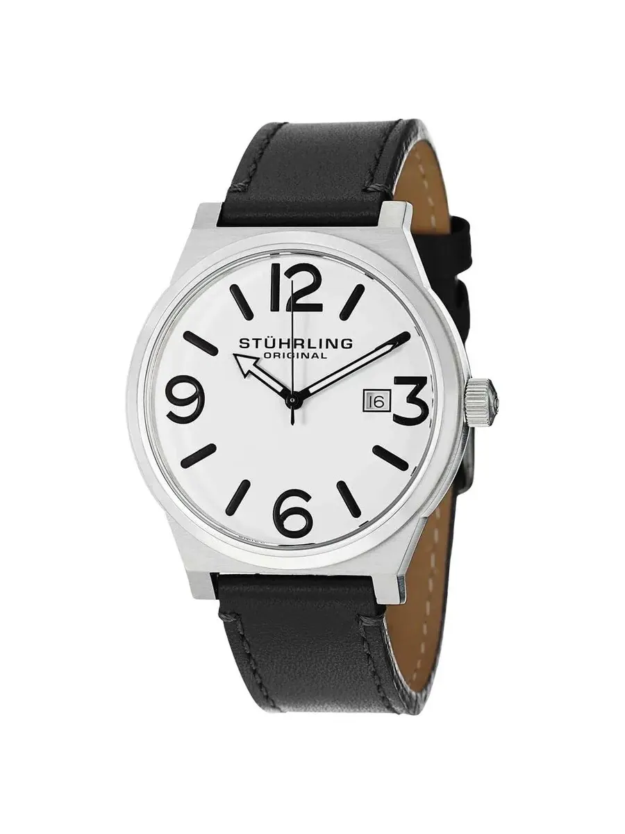Мужские часы Stuhrling Original Aviator с белым циферблатом и черным кожаным ремешком M15278