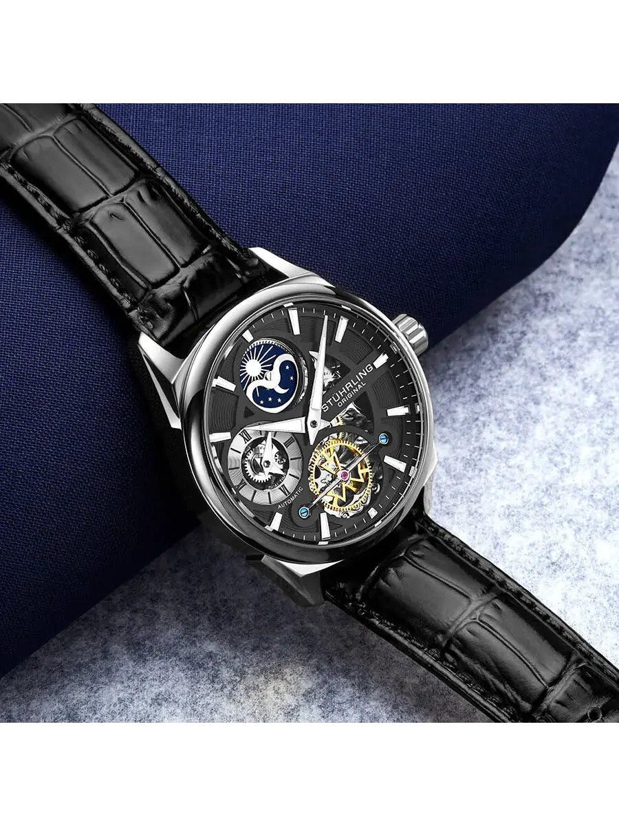 Мужские часы Stuhrling Original Legacy Automatic с черным циферблатом M13599 — изображение 3 из 4, оттенок серебряный