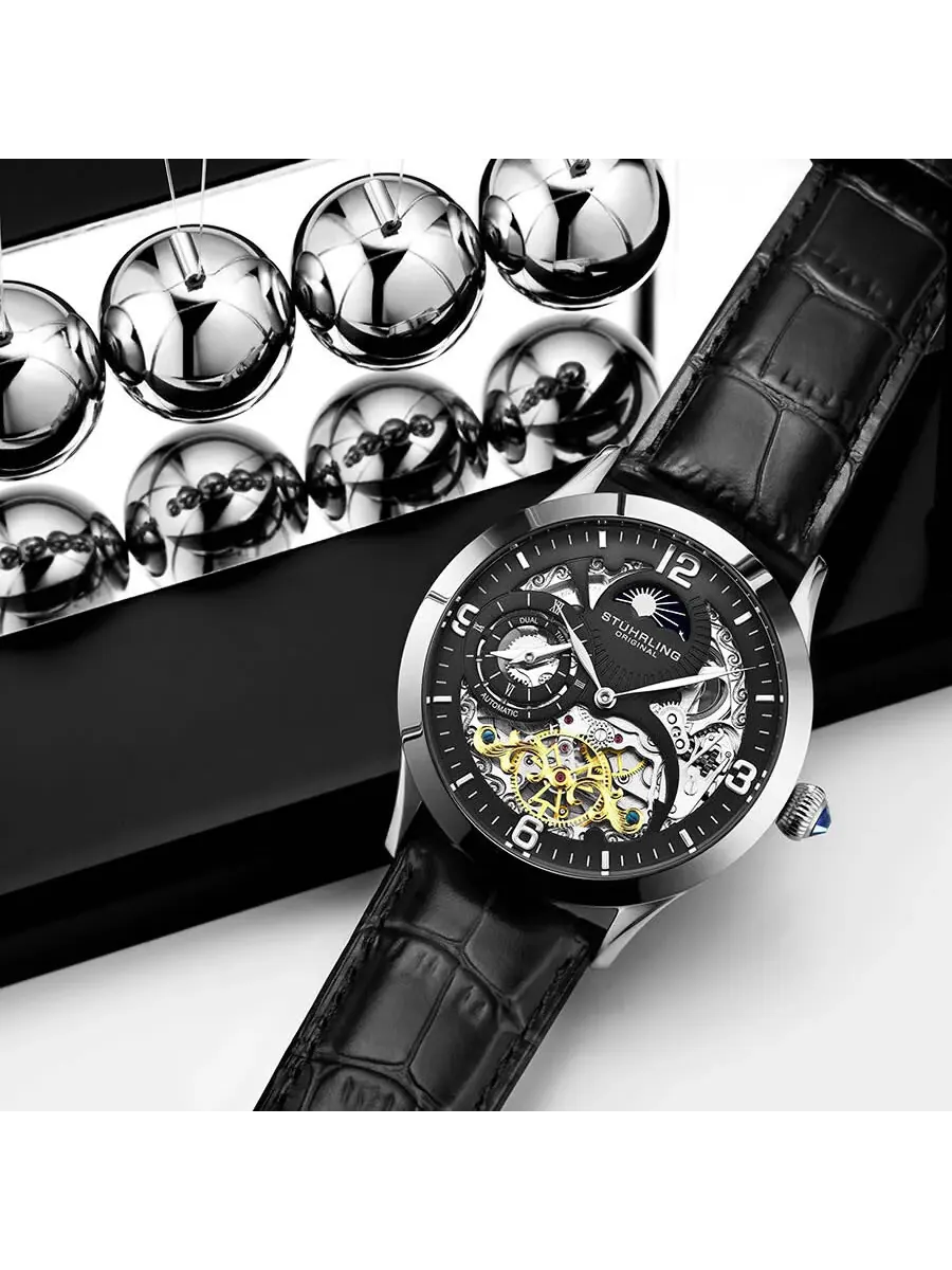 Мужские часы Stuhrling Original Legacy Automatic с черным циферблатом M13601 — изображение 4 из 4, оттенок серебряный