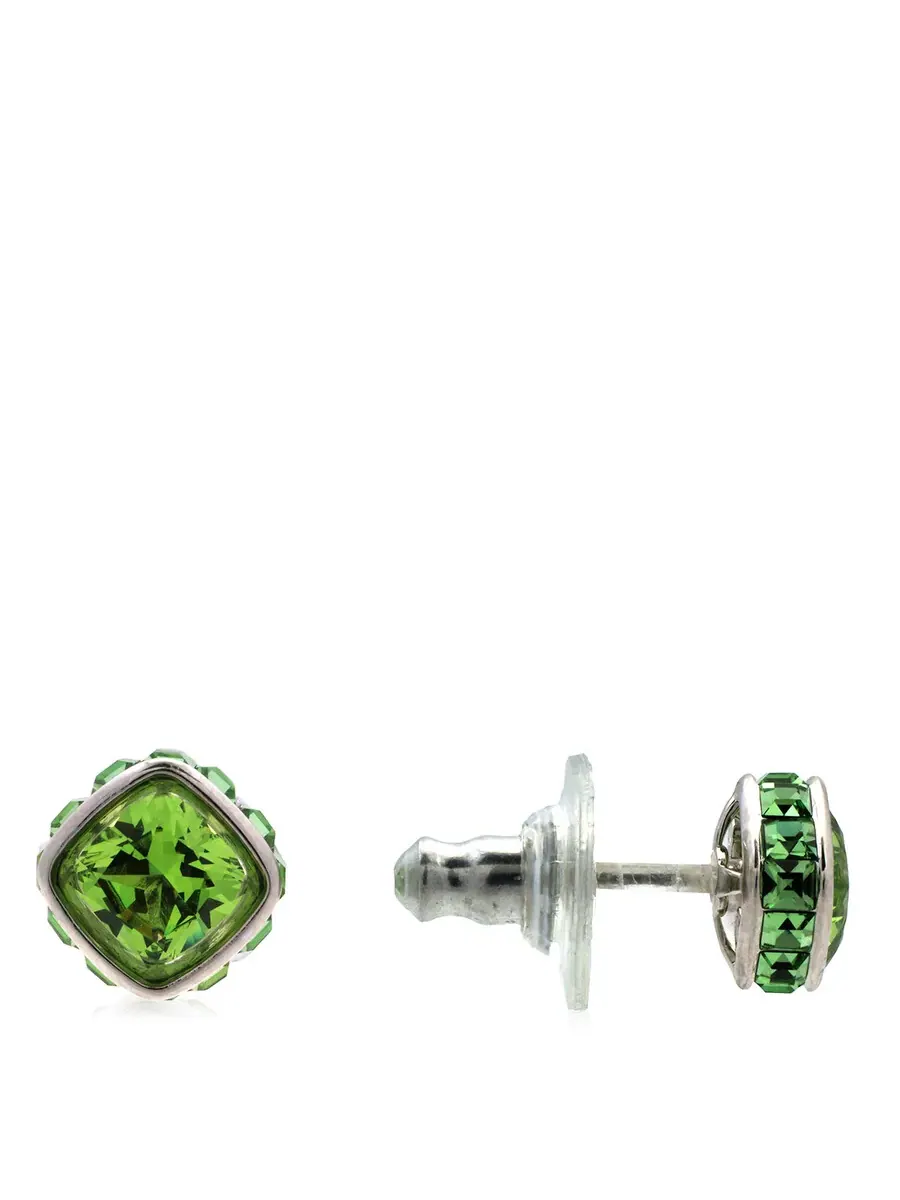 Серьги-пусеты с кристаллами Swarovski по знаку зодиака, август, родий, блестящие зеленые — изображение 3 из 4