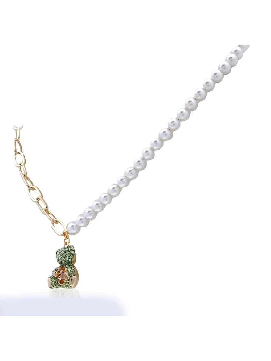 Ожерелье с подвеской из кристаллов Сваровски в виде медвежонка с жемчугом Swarovski — изображение 3 из 4, оттенок зеленый