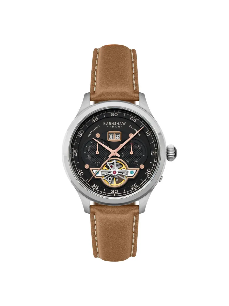 Мужские часы Thomas Earnshaw Baron Grand Date Calendar с открытым механизмом, черным циферблатом ES-8187-05