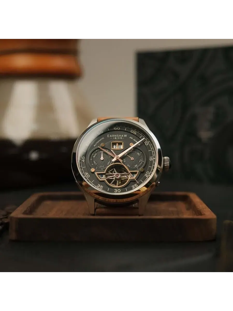 Мужские часы Thomas Earnshaw Baron Grand Date Calendar с открытым механизмом, черным циферблатом ES-8187-05