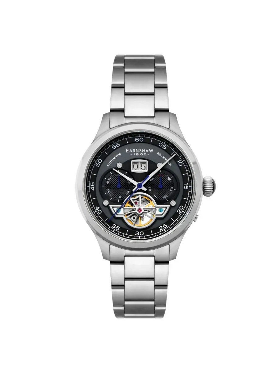 Мужские часы Thomas Earnshaw Baron Grand Date Calendar с открытым механизмом, черным циферблатом ES-8187-11 — серебристый