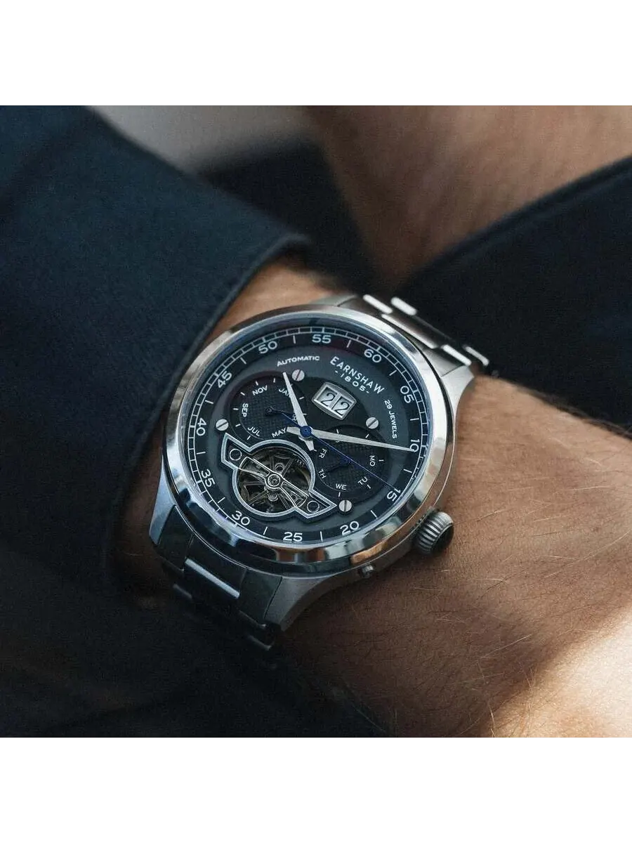 Мужские часы Thomas Earnshaw Baron Grand Date Calendar с открытым механизмом, черным циферблатом ES-8187-11