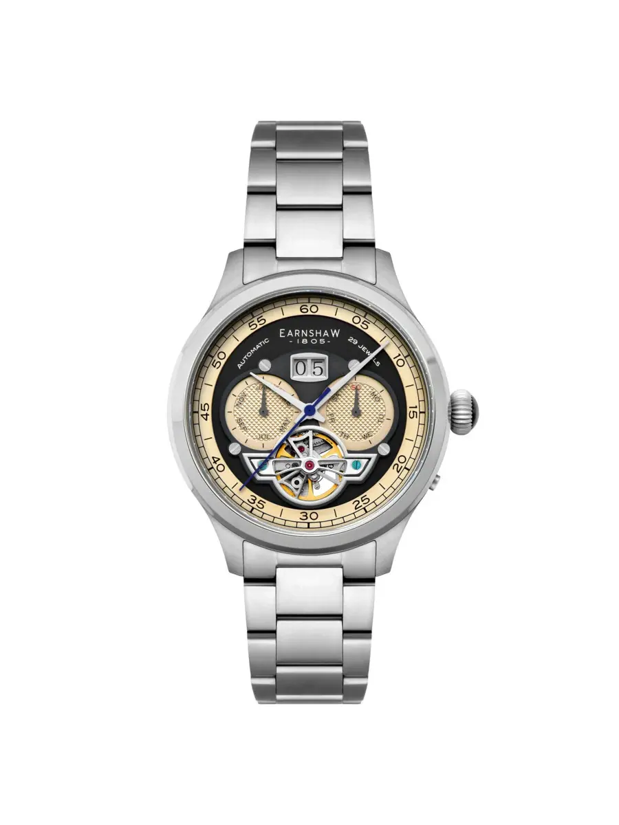 Мужские часы Thomas Earnshaw Baron Grand Date Calendar Open Heart с черным циферблатом ES-8187-22 — серебристый