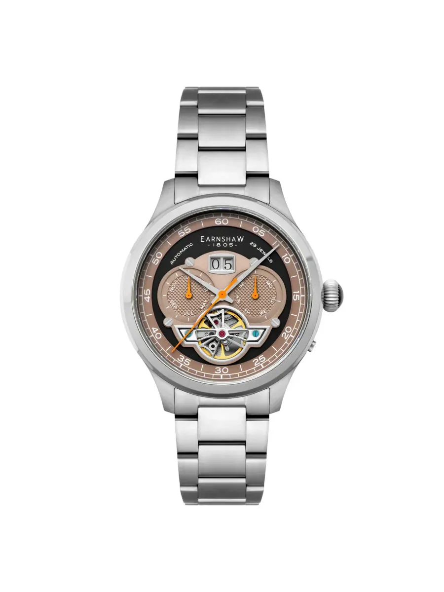 Мужские часы Thomas Earnshaw Baron Grand Date Calendar Open Heart Automatic с черным циферблатом ES-8187-55 — серебристый