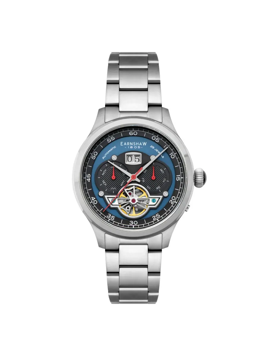 Мужские часы Thomas Earnshaw Baron Grand Date Calendar с открытым механизмом, синим циферблатом ES-8187-44 — серебристый