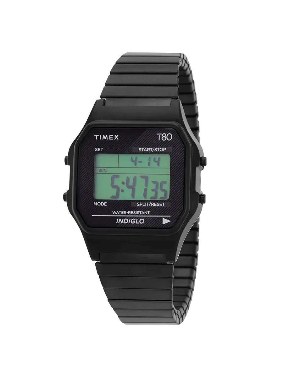 Унисекс-часы Timex 80 с будильником, кварцевые, цифровой дисплей, раздвижной браслет TW2R67000 — черный
