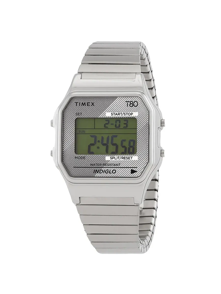 Унисекс-часы Timex 80 с будильником, кварцевые, цифровой дисплей, раздвижной браслет TW2R79100 — серебристый