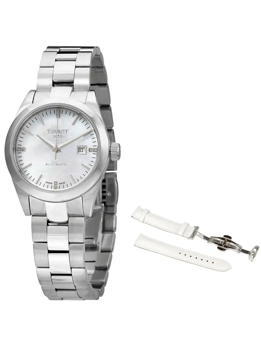 Женские часы Tissot Automatic с белым перламутровым циферблатом и бриллиантами T132.007.11.116.00 — серебристый