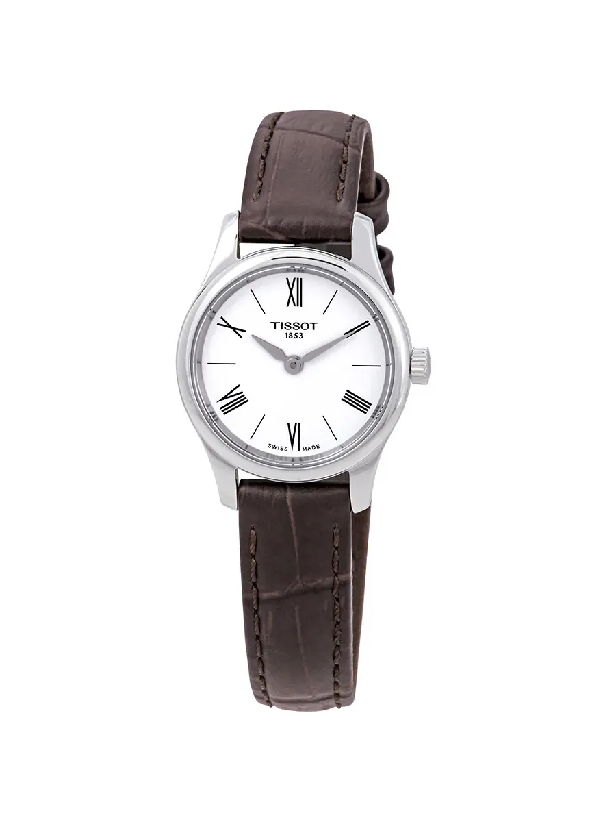 Женские часы Tissot Tradition 5.5 с белым циферблатом и коричневым кожаным ремешком T063.009.16.018.00