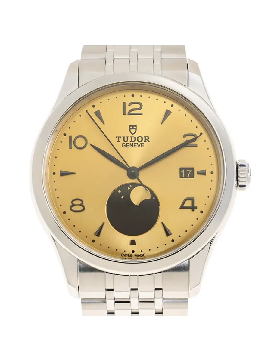 Мужские автоматические часы Tudor 1926 Luna с фазами Луны и циферблатом цвета шампанского, модель M91560-0001 — серебристый