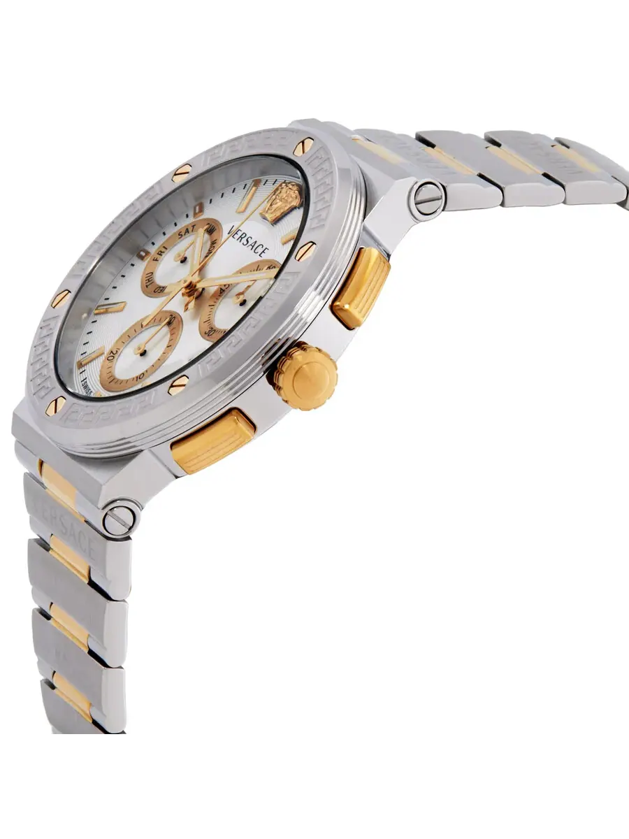 Мужские часы Versace Greca с логотипом, хронографом, кварцевым механизмом и серебристым циферблатом VEZ900321